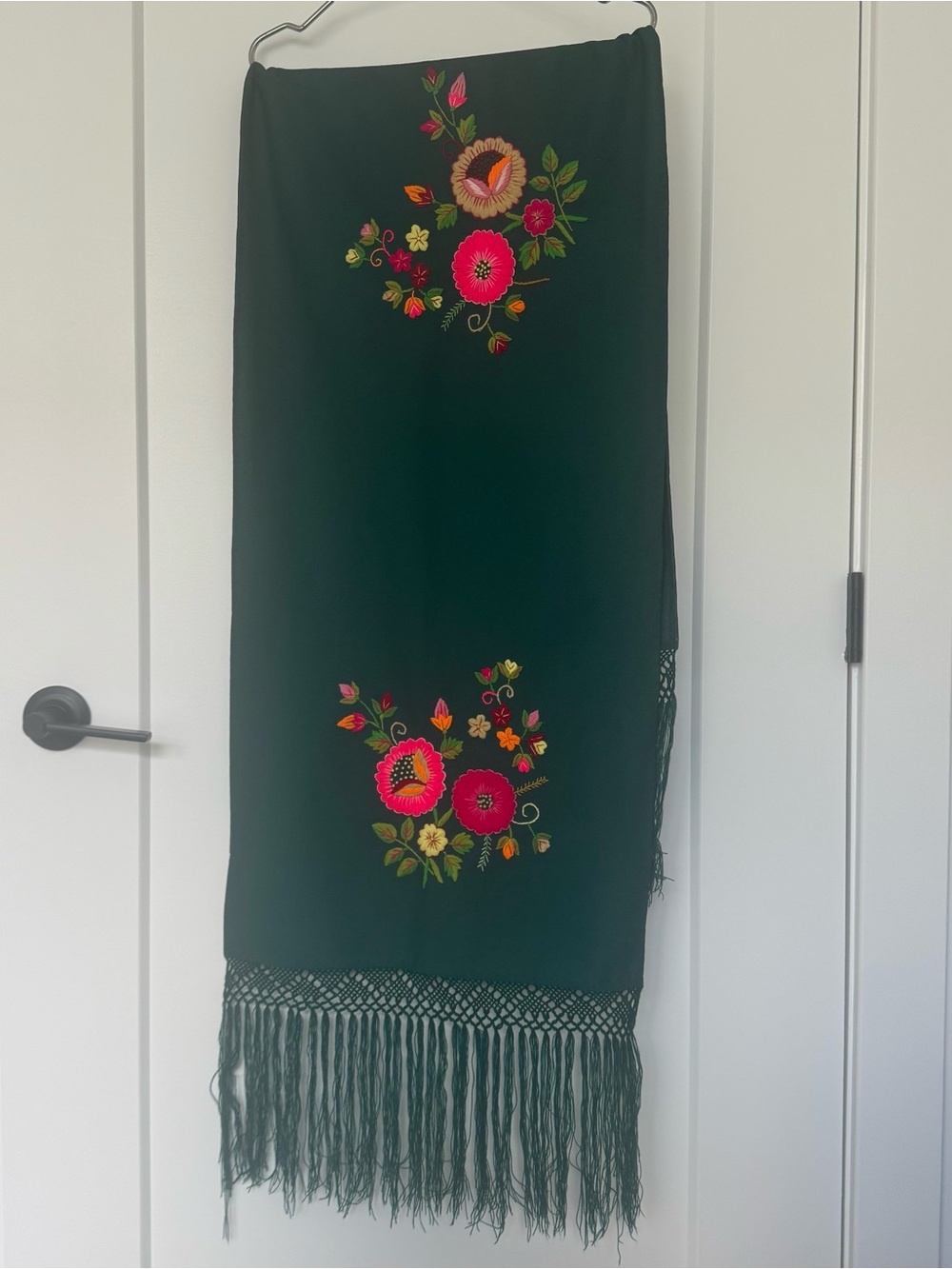 Hand Embroidered Mexican Rebozo Shawl Forest Green 3 Floral Motifs Fringe 70"